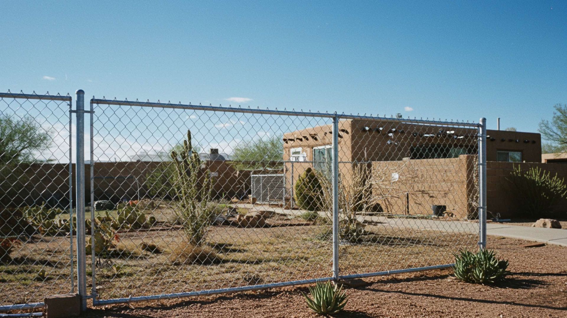 A wire mesh fence foregrounds a desert landscape with scrub vegetation, a cactus, and a single-story tan stucco building.