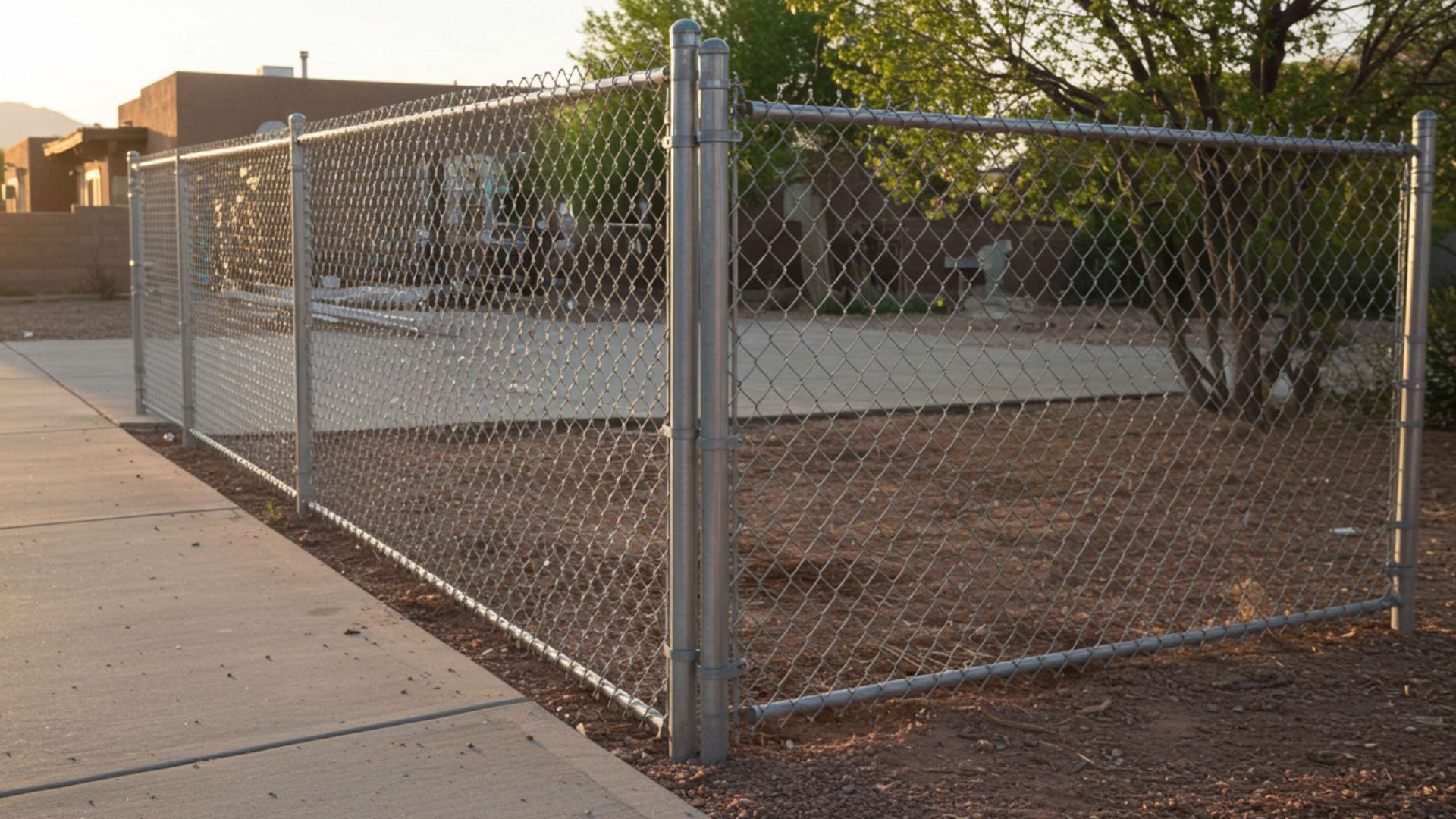 A chain-link fence runs along a paved sidewalk and surrounds a dirt-covered yard with trees in the background.