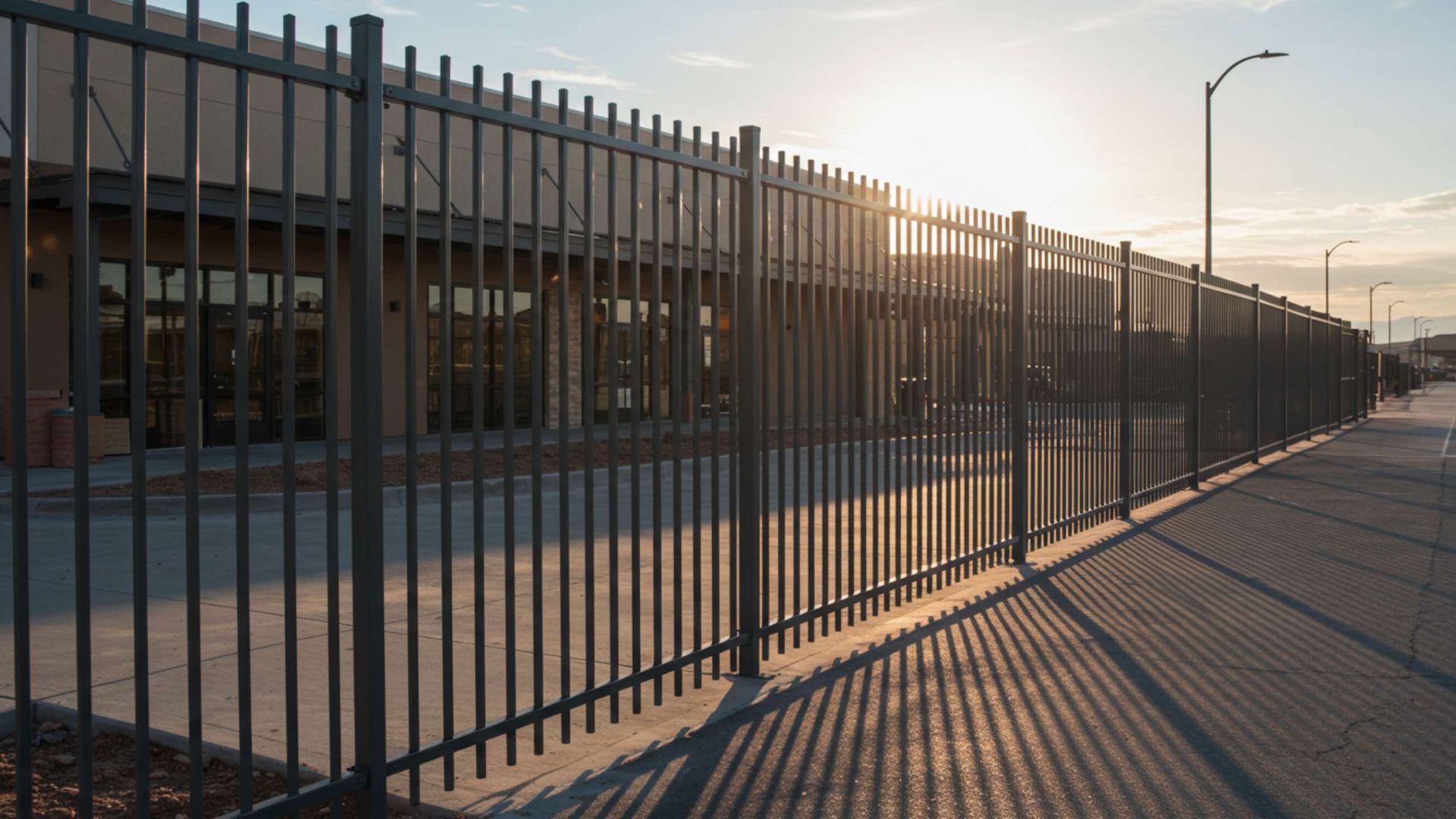 Metal fence in front of a building, casting long shadows with the setting sun.