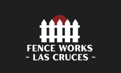 Logo for Fence Works Las Cruces: white picket fence silhouette with red sun on a black background.