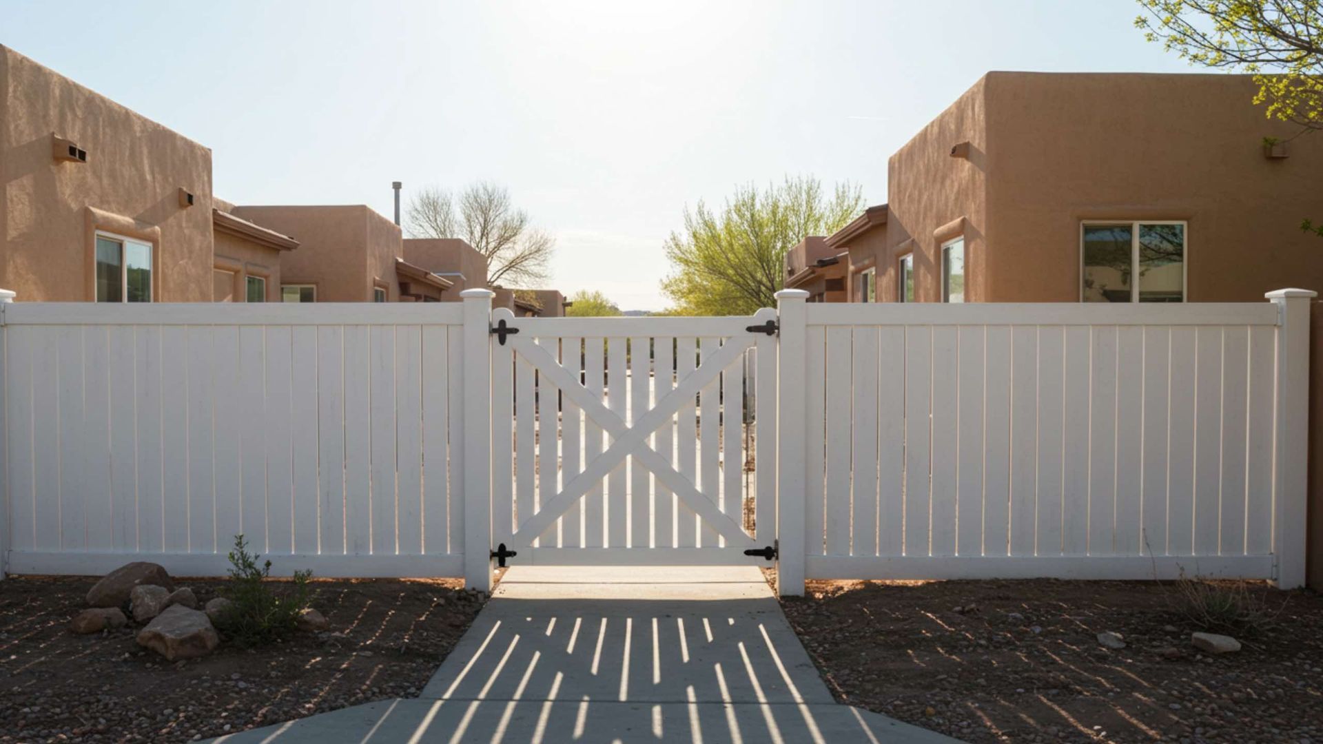 A white vinyl gate stands between two tan adobe-style buildings, with a concrete walkway leading to the gate.