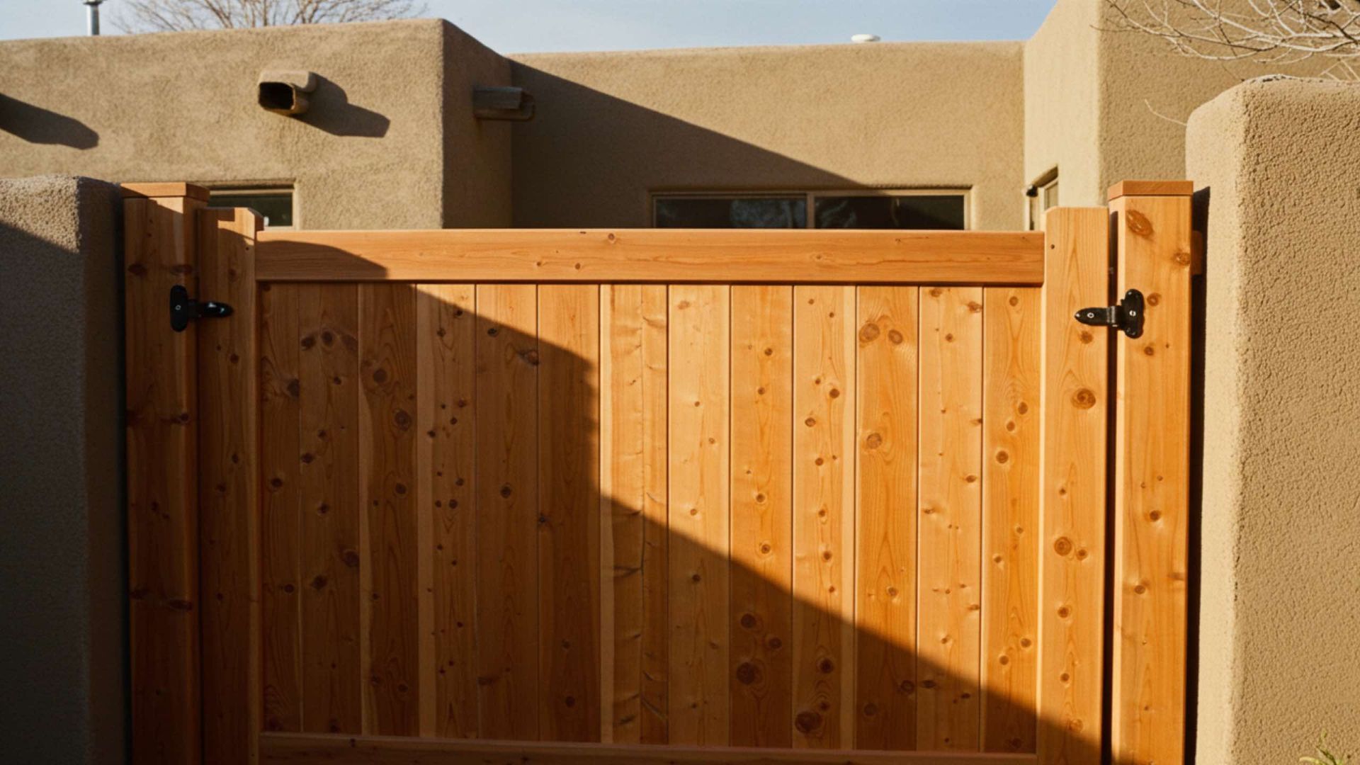 A wooden gate with vertical planks and dark metal hinges, set between two tan stucco walls.