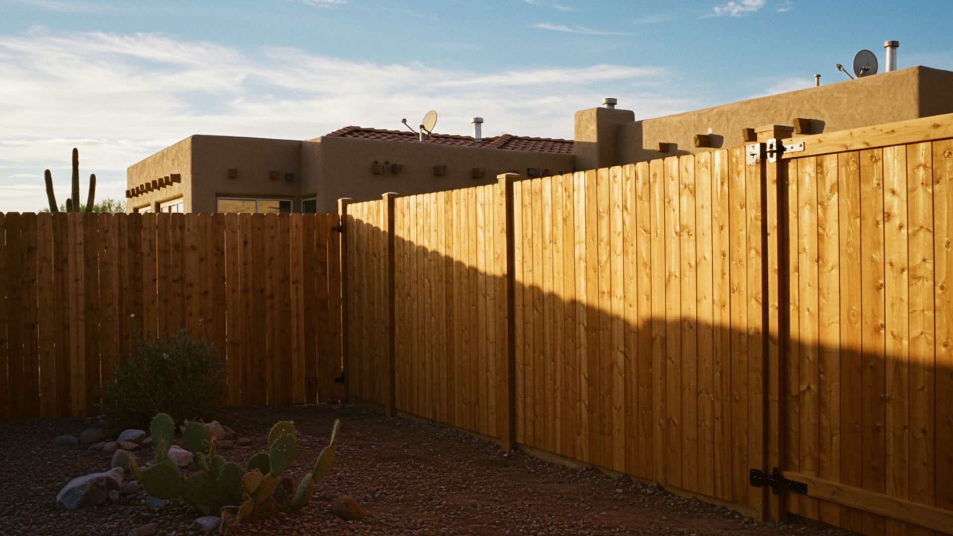 A wooden privacy fence surrounds a desert backyard with gravel and a small cactus under a sunny sky.