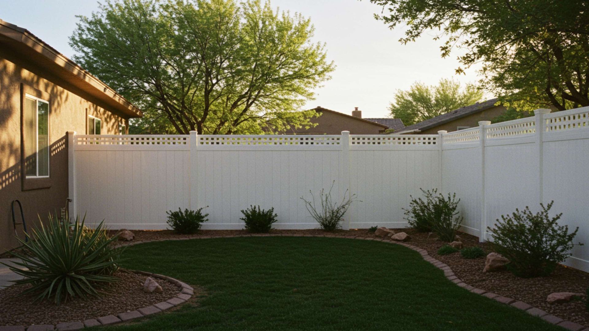 A white vinyl fence borders a backyard with a curved lawn, small shrubs, and brown mulch beds under a bright blue sky.