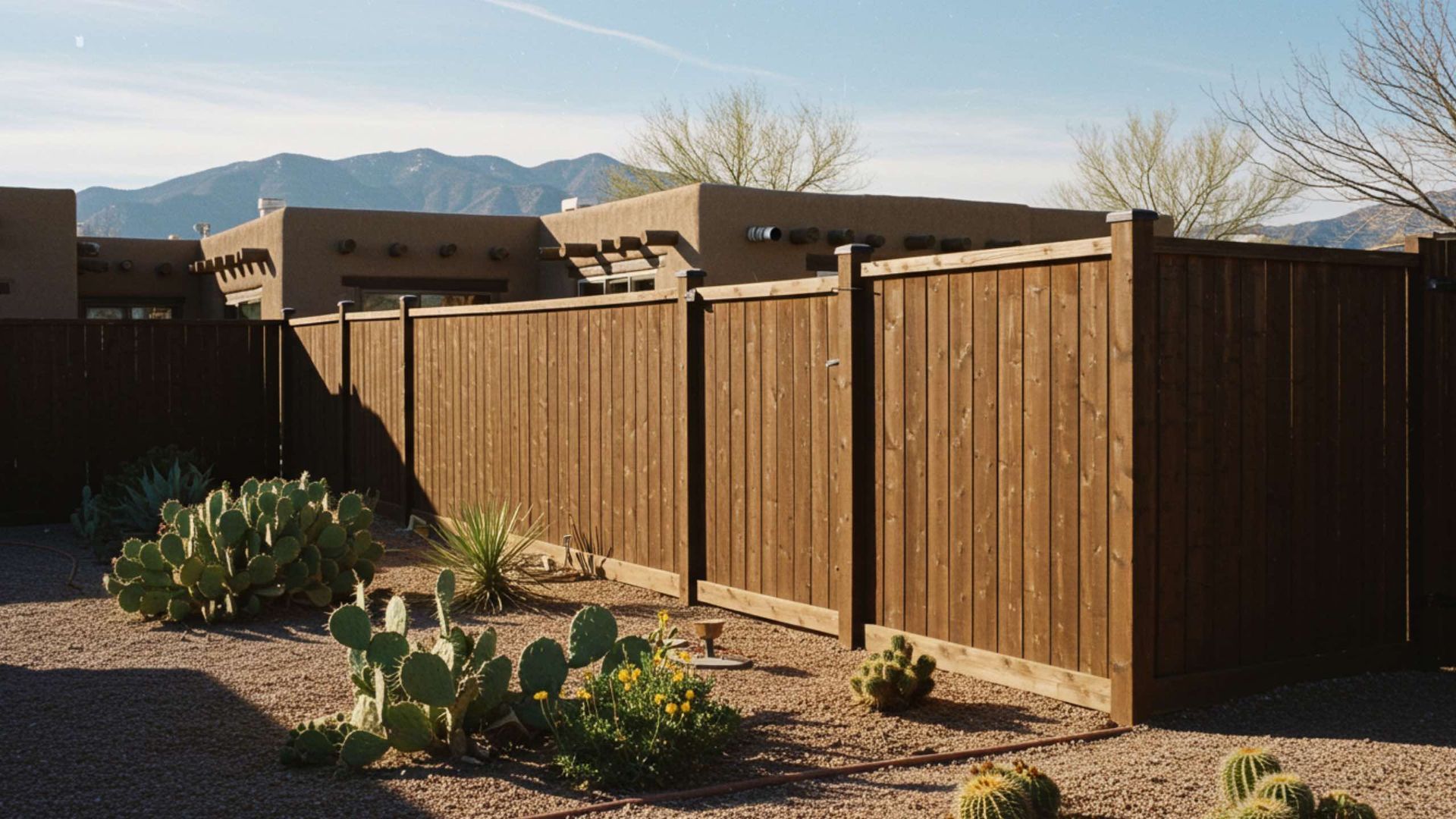 A dark wooden privacy fence in a desert landscape with gravel ground, cacti, and a house with mountains in the background.