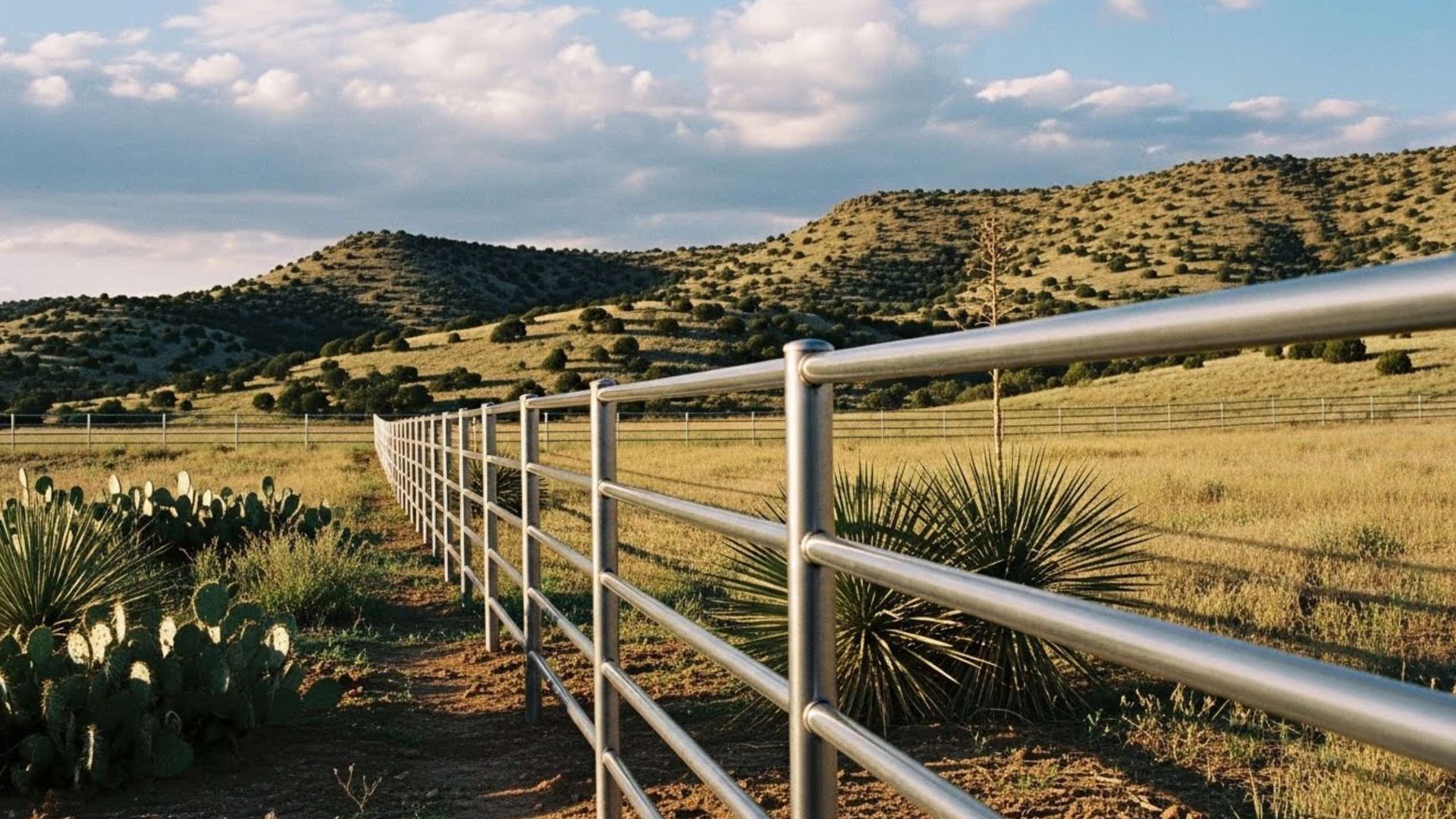 Metal fence lines a field, hills in the background under a cloudy sky.