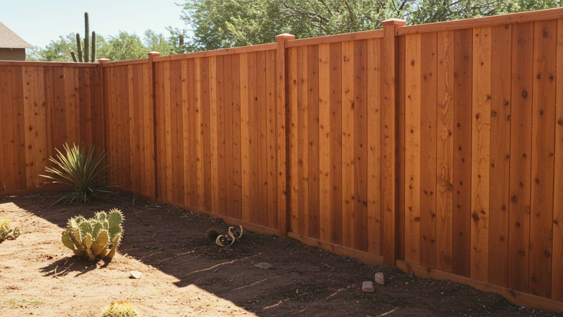 A reddish-brown cedar privacy fence stands in a desert backyard with cactus plants in the foreground.