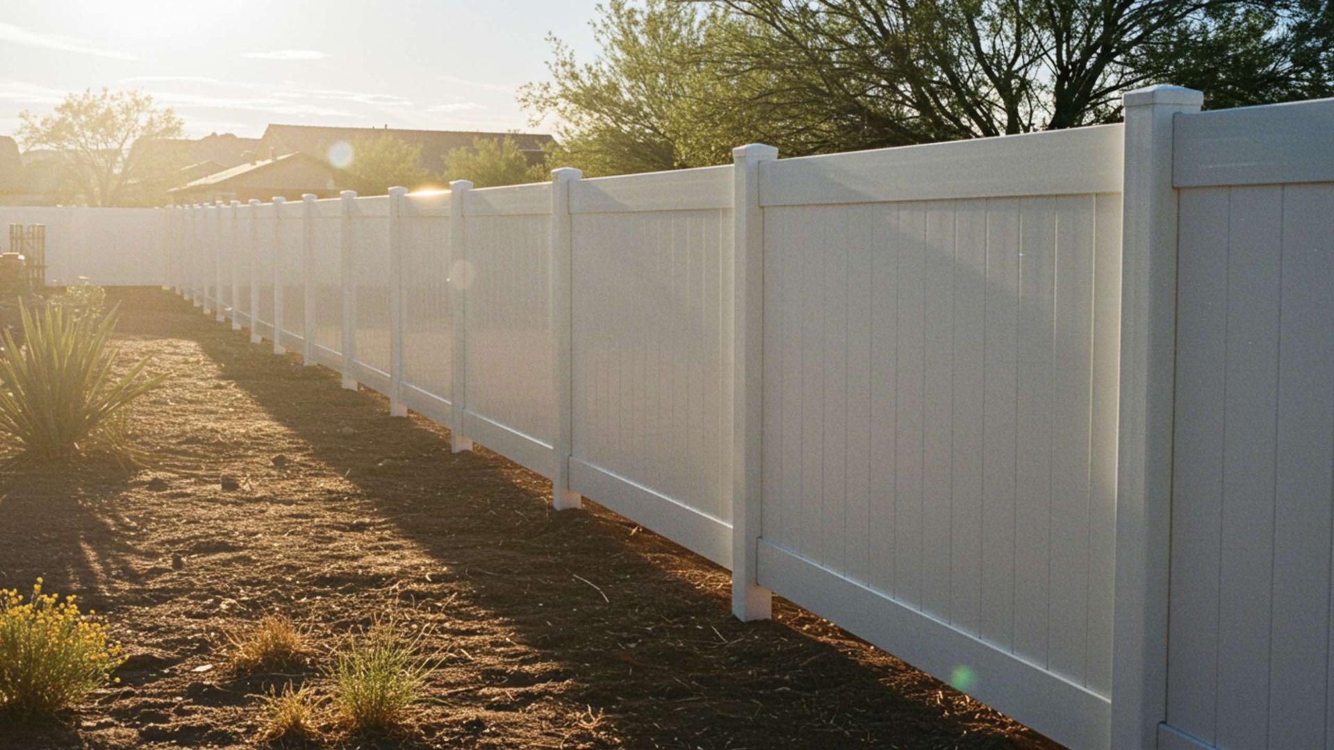 A long, white vinyl privacy fence lines a gravel yard at sunset.