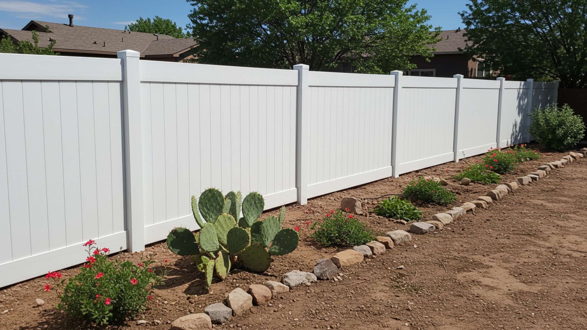 A white vinyl privacy fence lines a backyard, set behind a landscaped rock border with a cactus and small shrubs.