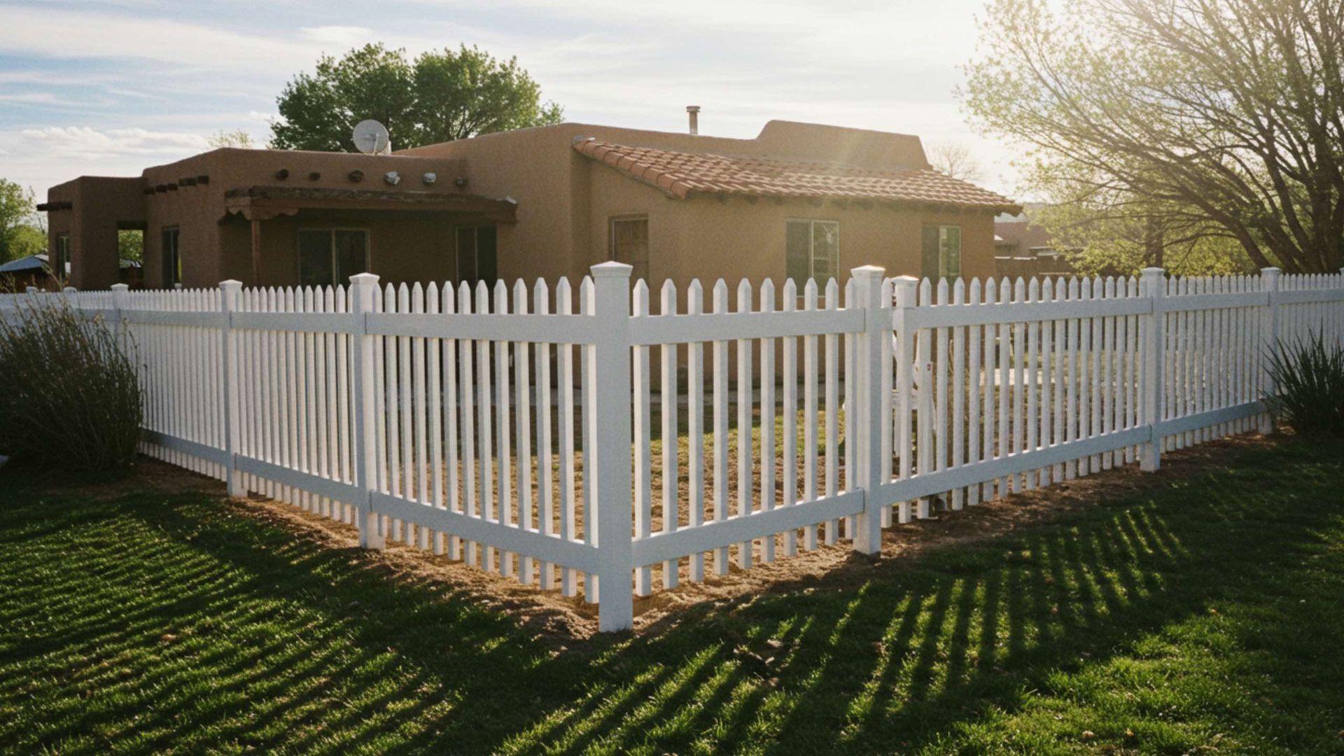 A white vinyl picket fence encloses a yard in front of a tan adobe-style house under a bright sky.