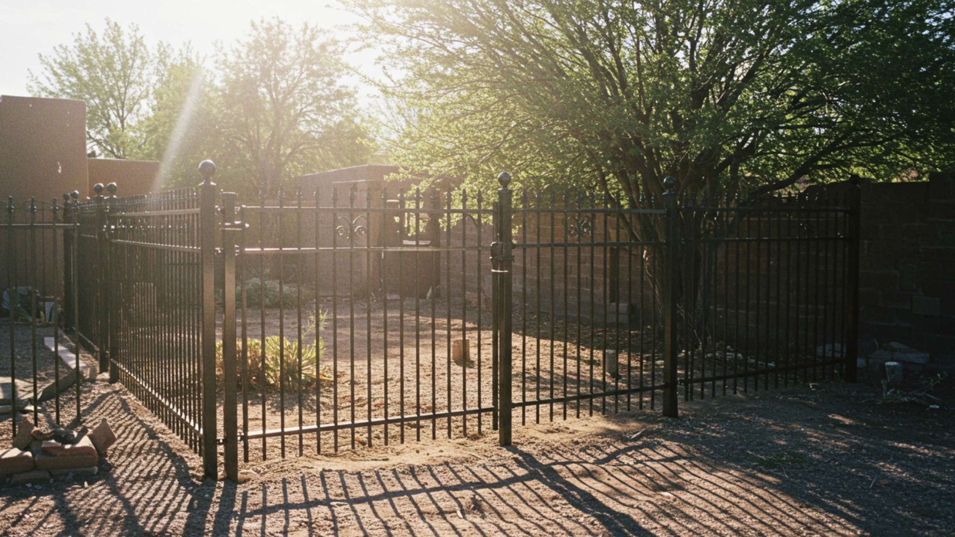 A black metal fence encloses a dirt garden area in a backyard during sunset, with a tree looming in the background.