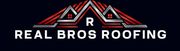 Logo for Real Bros Roofing featuring a metallic, stylized roof icon in red and silver on a black background.