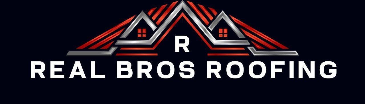 Logo for Real Bros Roofing featuring a metallic, stylized roof icon in red and silver on a black background.