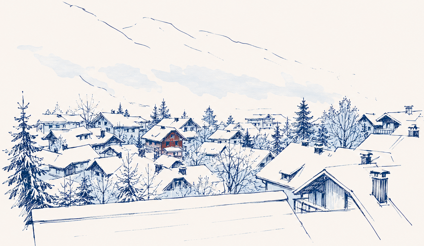 A hand-drawn sketch of mountain houses