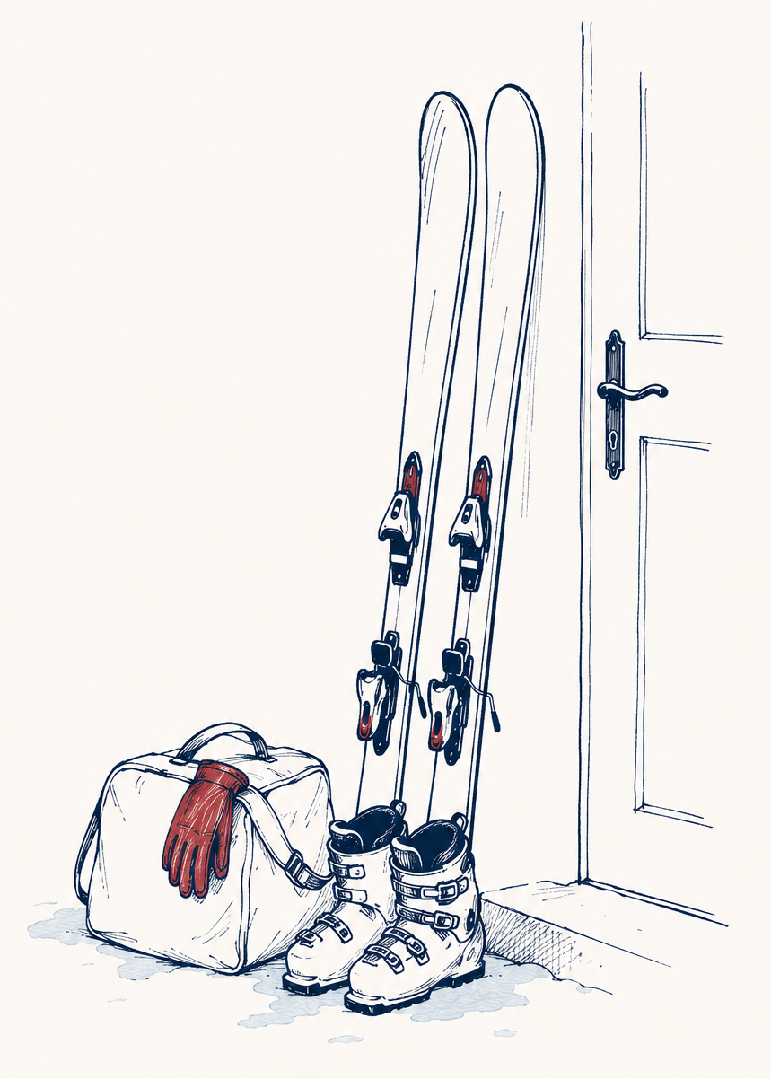 A hand-drawn illustration of skis and winter gear