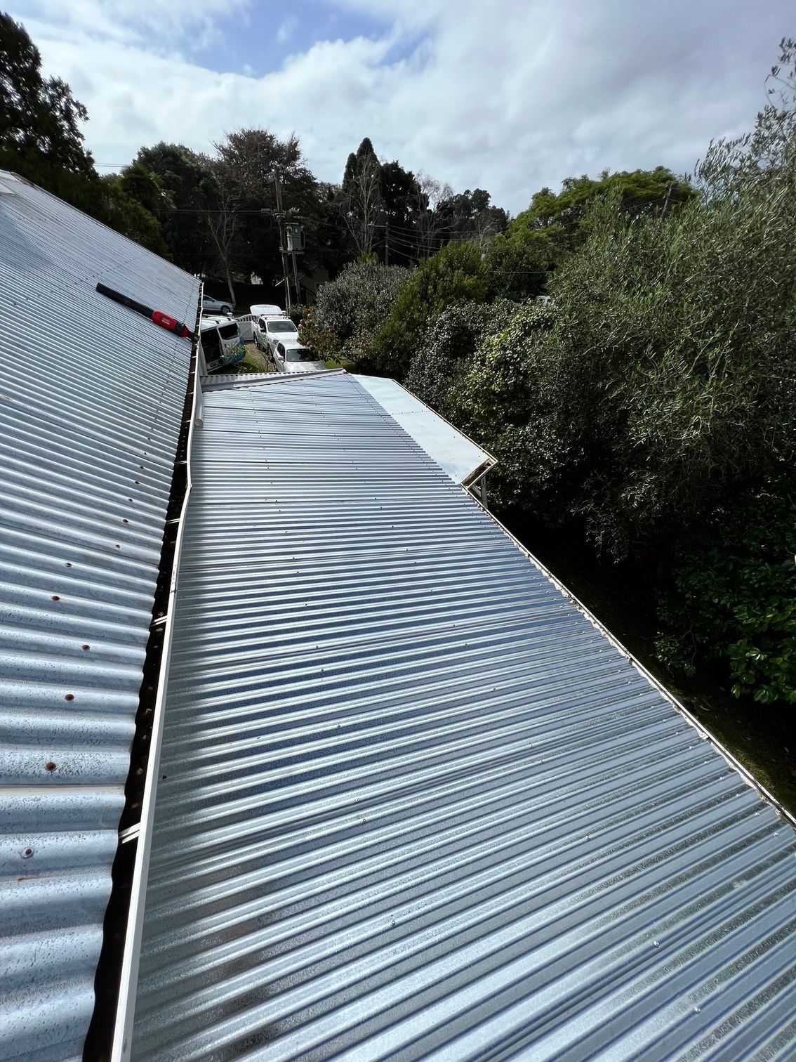 Corrugated metal roof with visible ripples, set against a backdrop of green trees under a cloudy sky.