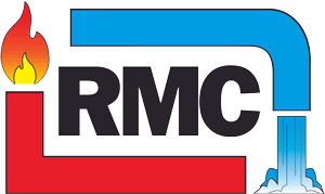 Logo for RMC, featuring a flame, blue pipe, red pipe, and the company initials.