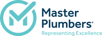 Logo of Master Plumbers: a teal checkmark and 