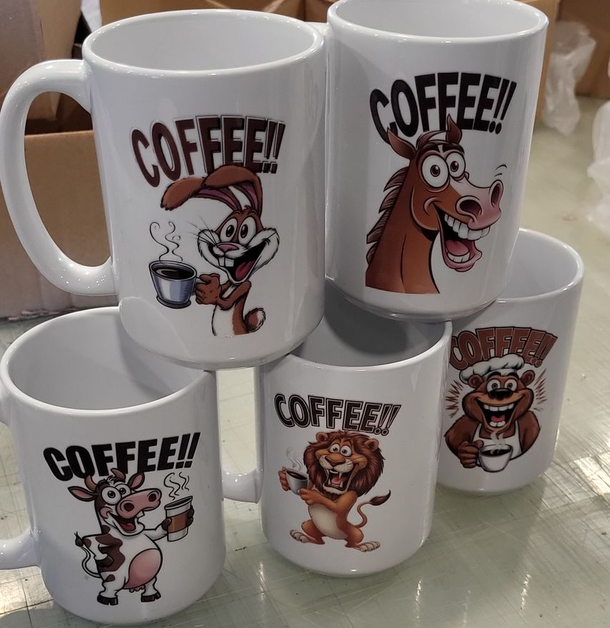 Five white coffee mugs with cartoon animal characters and the word
