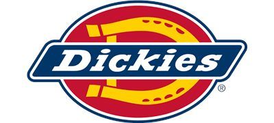 Dickies logo: White text "Dickies" in a blue rectangle, set against a red circle with a yellow horseshoe.