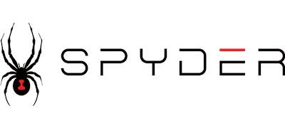 Spyder logo: Black spider symbol with red hourglass, beside the word "SPYDER" with a red line.