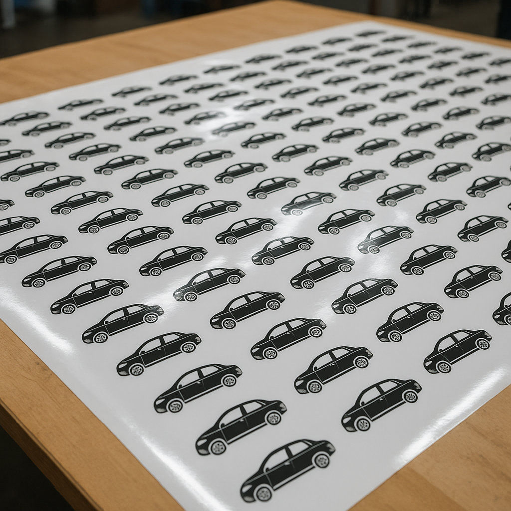 custom cut stickers Sheet of white stickers with repeating black car illustrations.