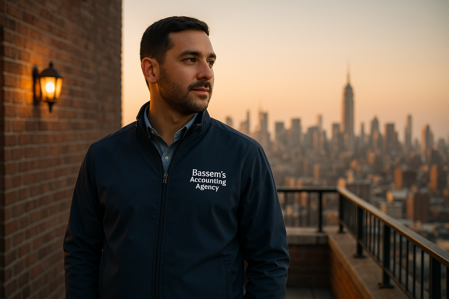 Man in navy jacket, looking at a city skyline at sunset.