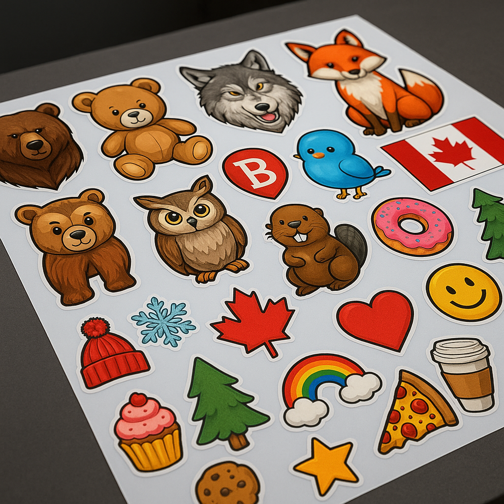 Sticker sheets custom cut Sticker sheet with various colorful designs: animals, food, Canadian flag, symbols, and smiley face.
