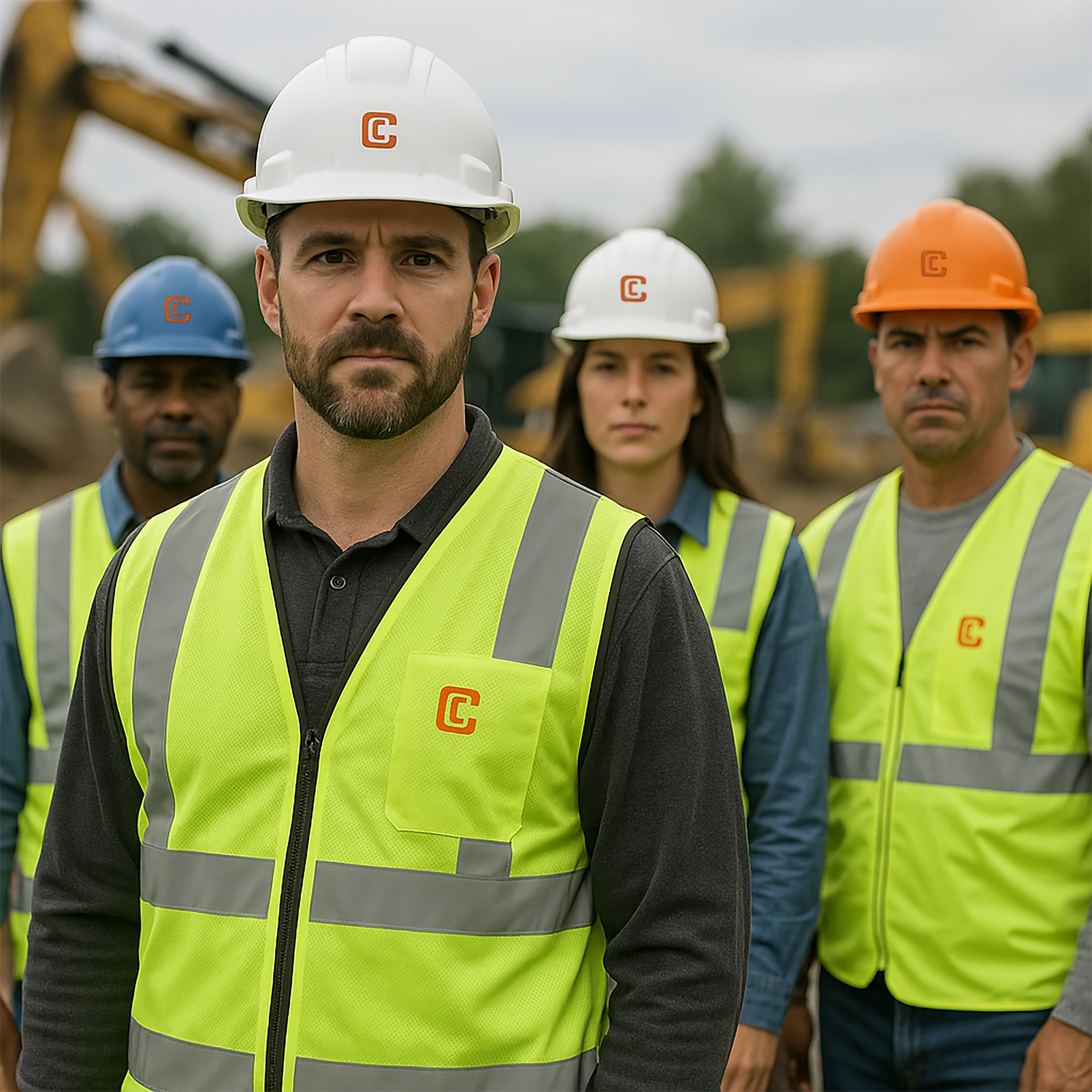 Logoed Safety Gear Construction workers wearing hard hats and safety vests; construction site in background.