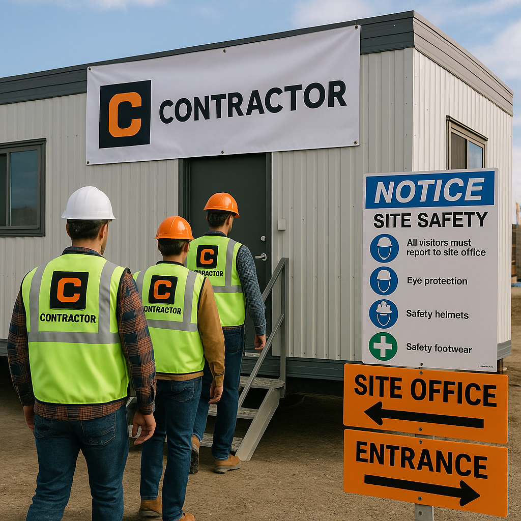 Construction site Three construction workers in vests and hard hats enter a site office, next to a safety sign.