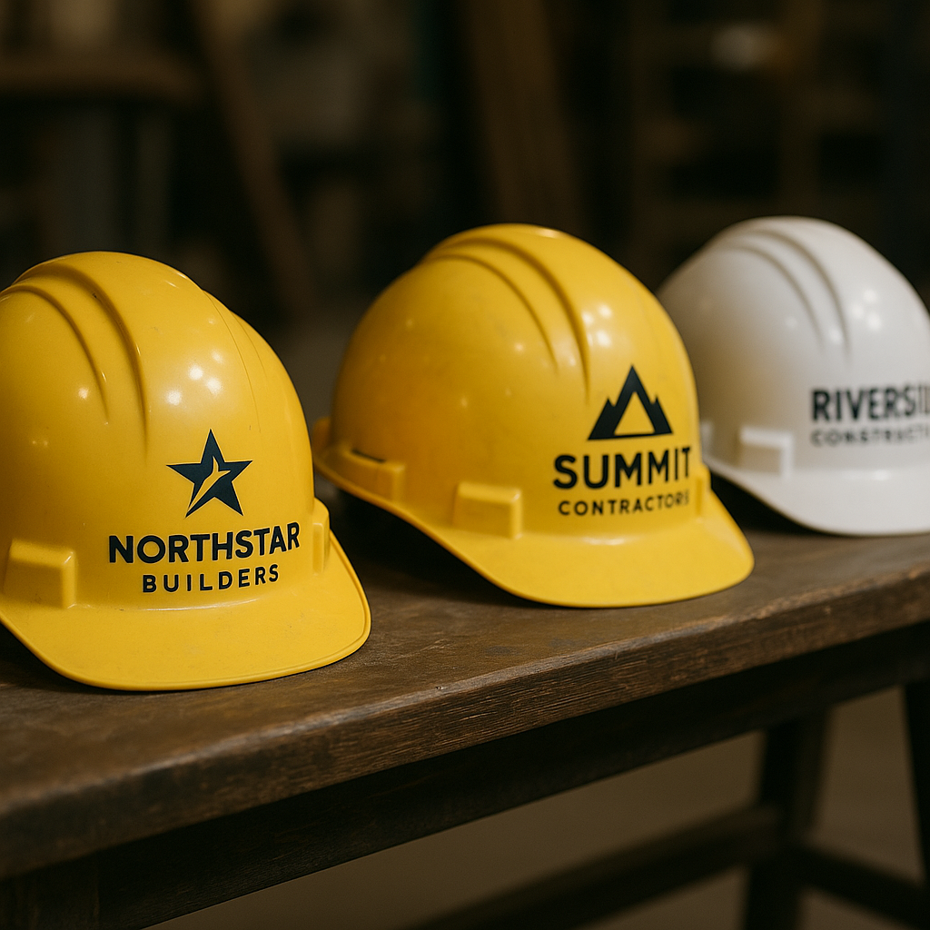 Logoed Helmets Three hard hats, yellow and white, with different company logos, on a wooden surface.