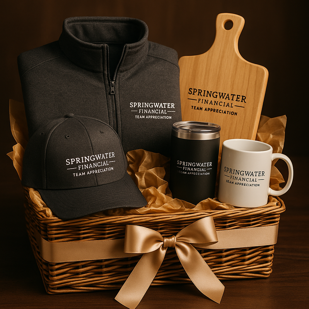 Backdrop Banners Gift basket with apparel and kitchenware featuring