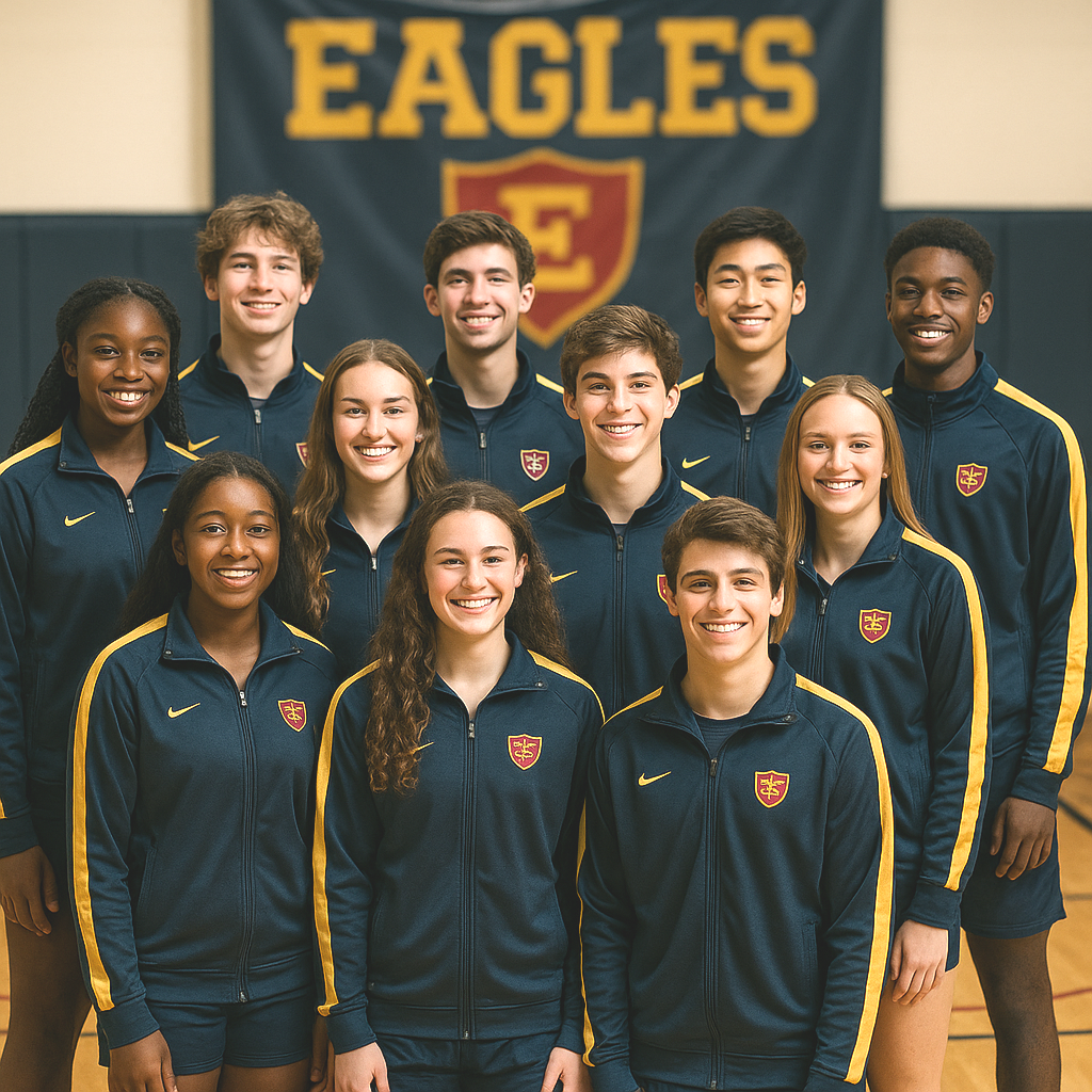 Team Spirit Gear Group of students in tracksuits in front of a banner that says