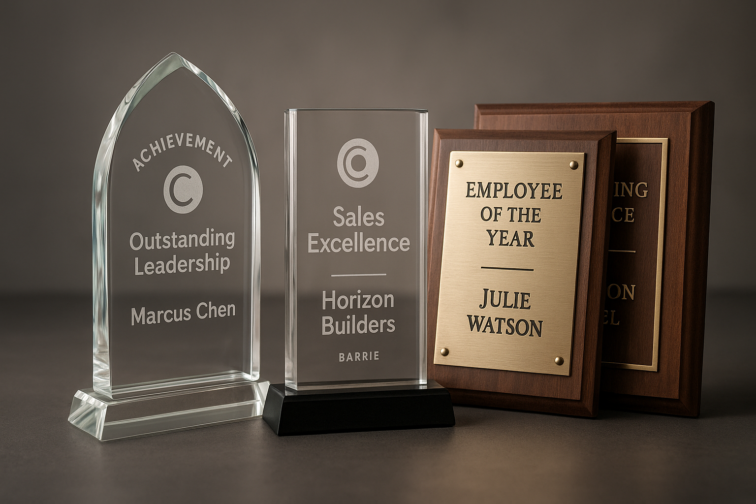 awards, plaques and trophies Awards: glass and wooden plaques with text, for leadership, sales, and employee recognition.
