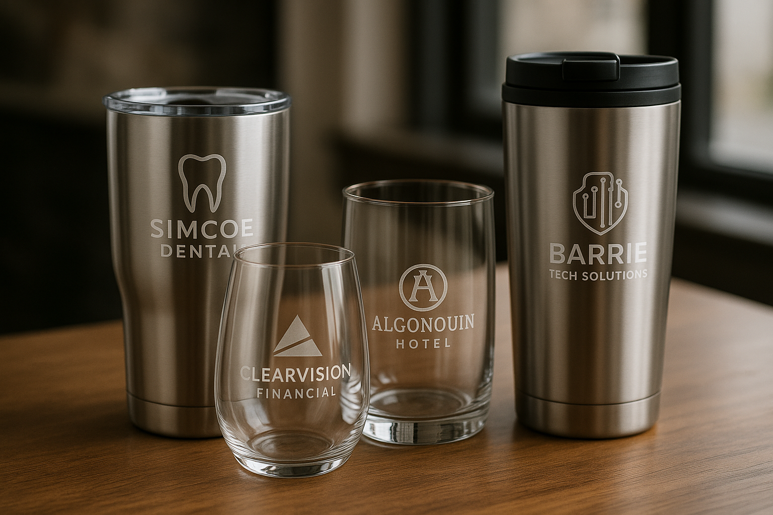 Laser etched drinkware Personalized tumblers and glasses on a wooden table. Silver tumblers have logos.