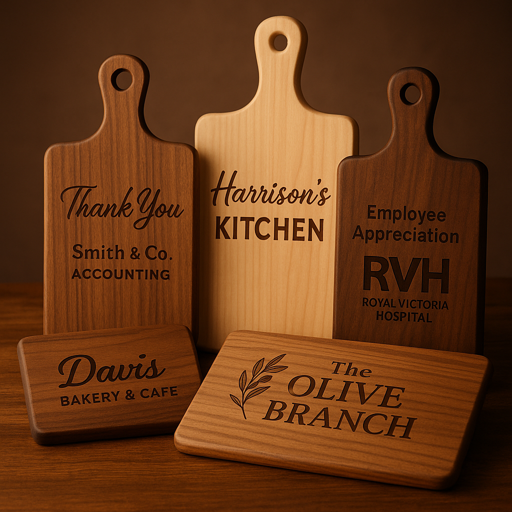 laser etched cutting boards Wooden cutting boards and nameplates with engraved text.