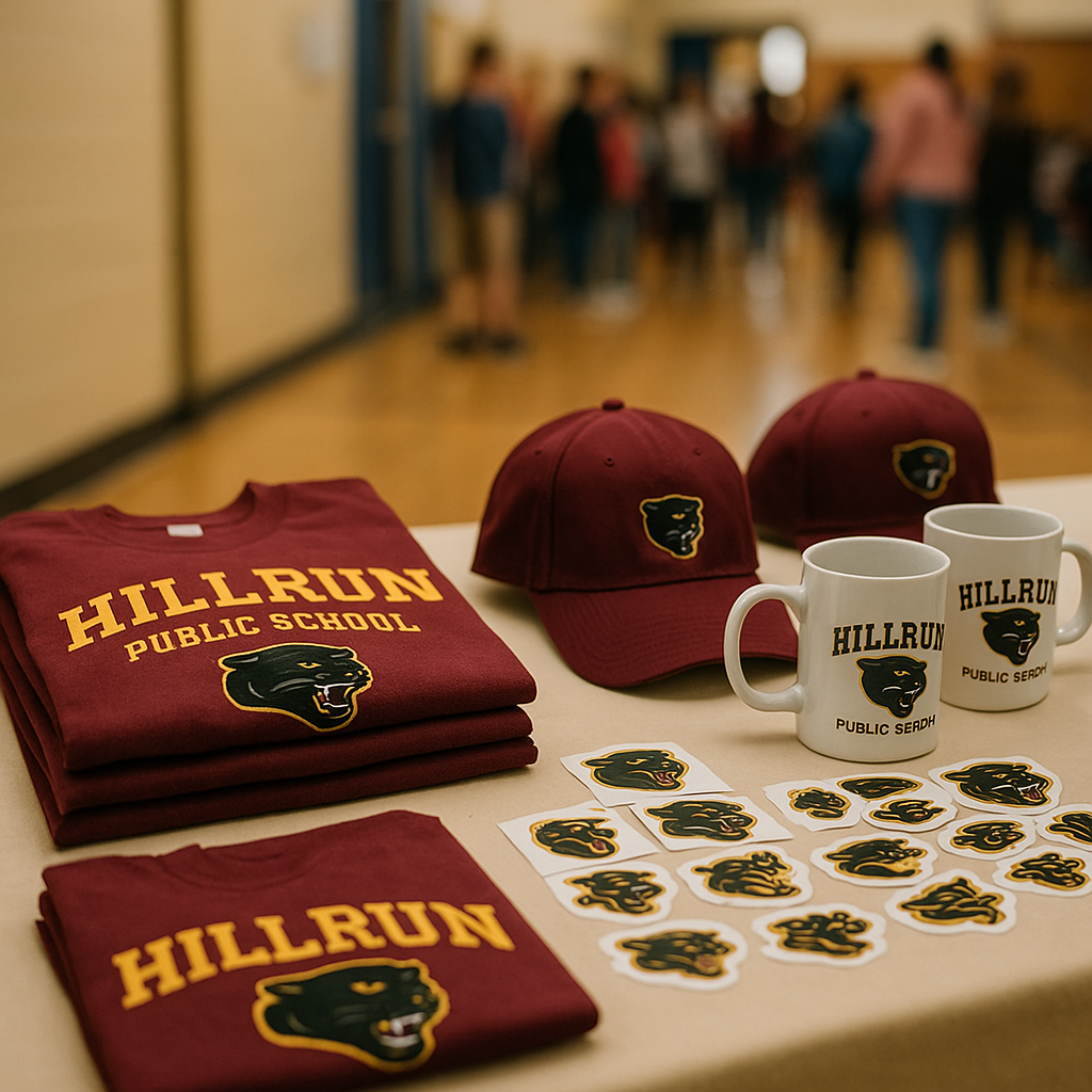 Fundraising Merch Table Merchandise table with maroon shirts, hats, mugs, and stickers labeled