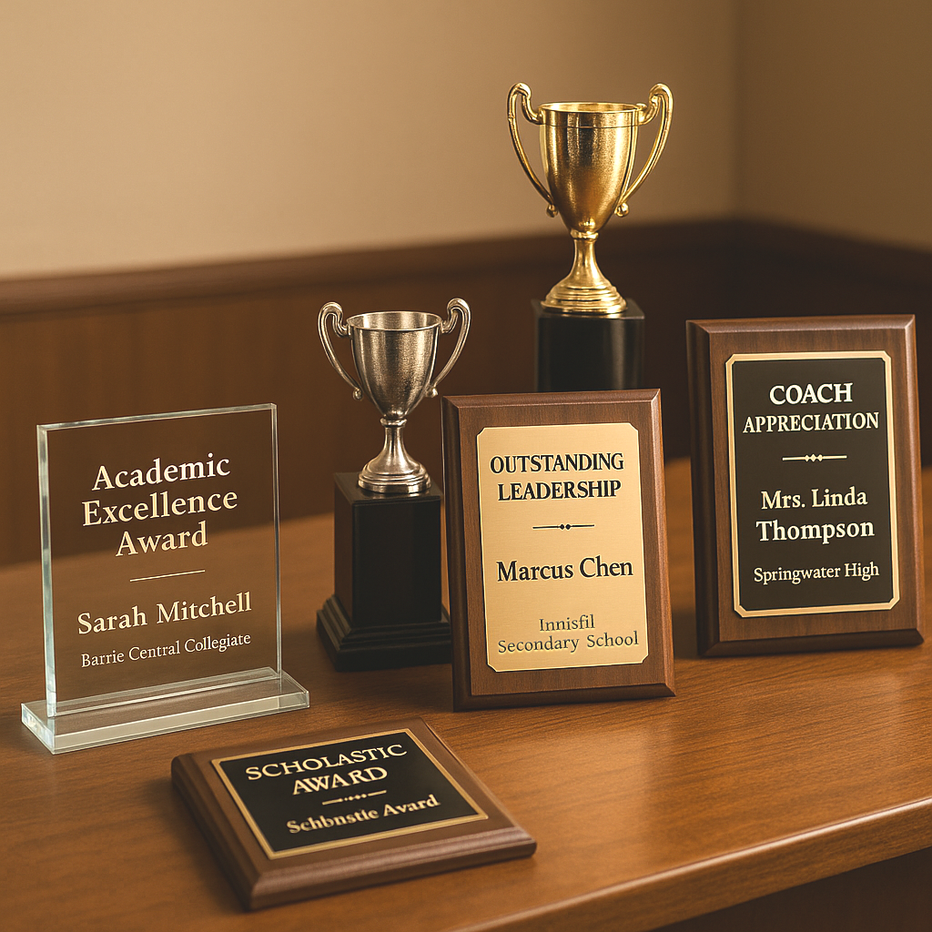 Trophies, Plaques and Recognition Awards Assortment of trophies and awards on a wooden desk, including glass, gold, and wood plaques.