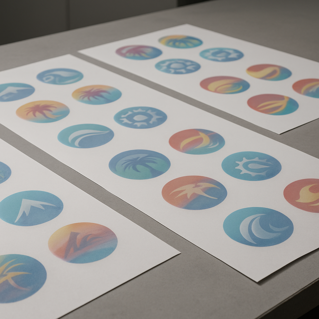 Sublimation Print Printed sheets with colorful circular designs arranged in rows.