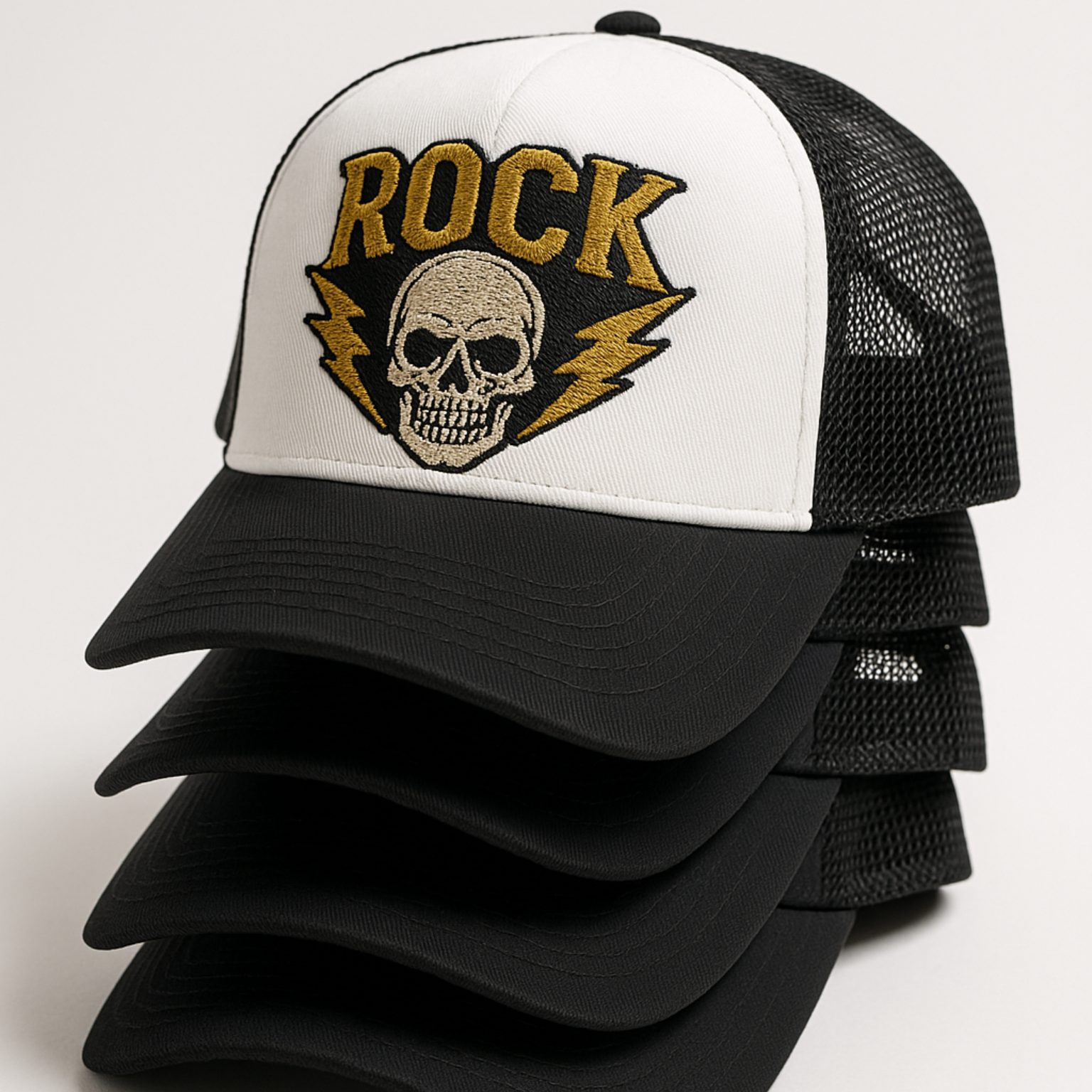 Embroidered or Printed Hats Pile of black and white trucker hats, each with a
