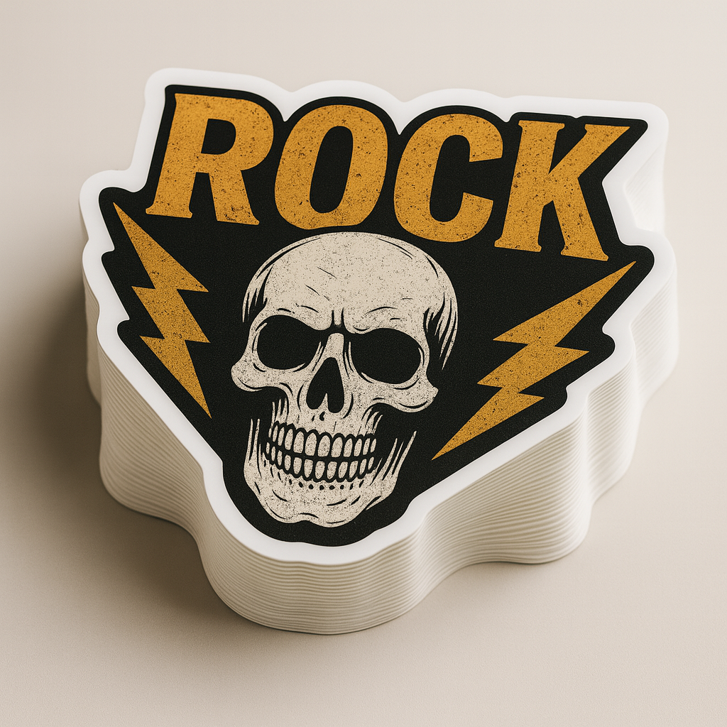 Custom Shaped Cut Stickers Stack of stickers featuring a skull, lightning bolts, and the word