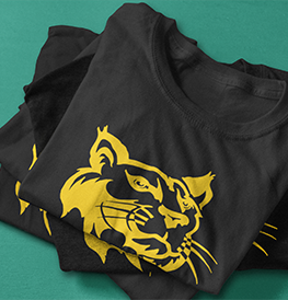 Black t-shirts with a yellow panther head graphic, stacked.