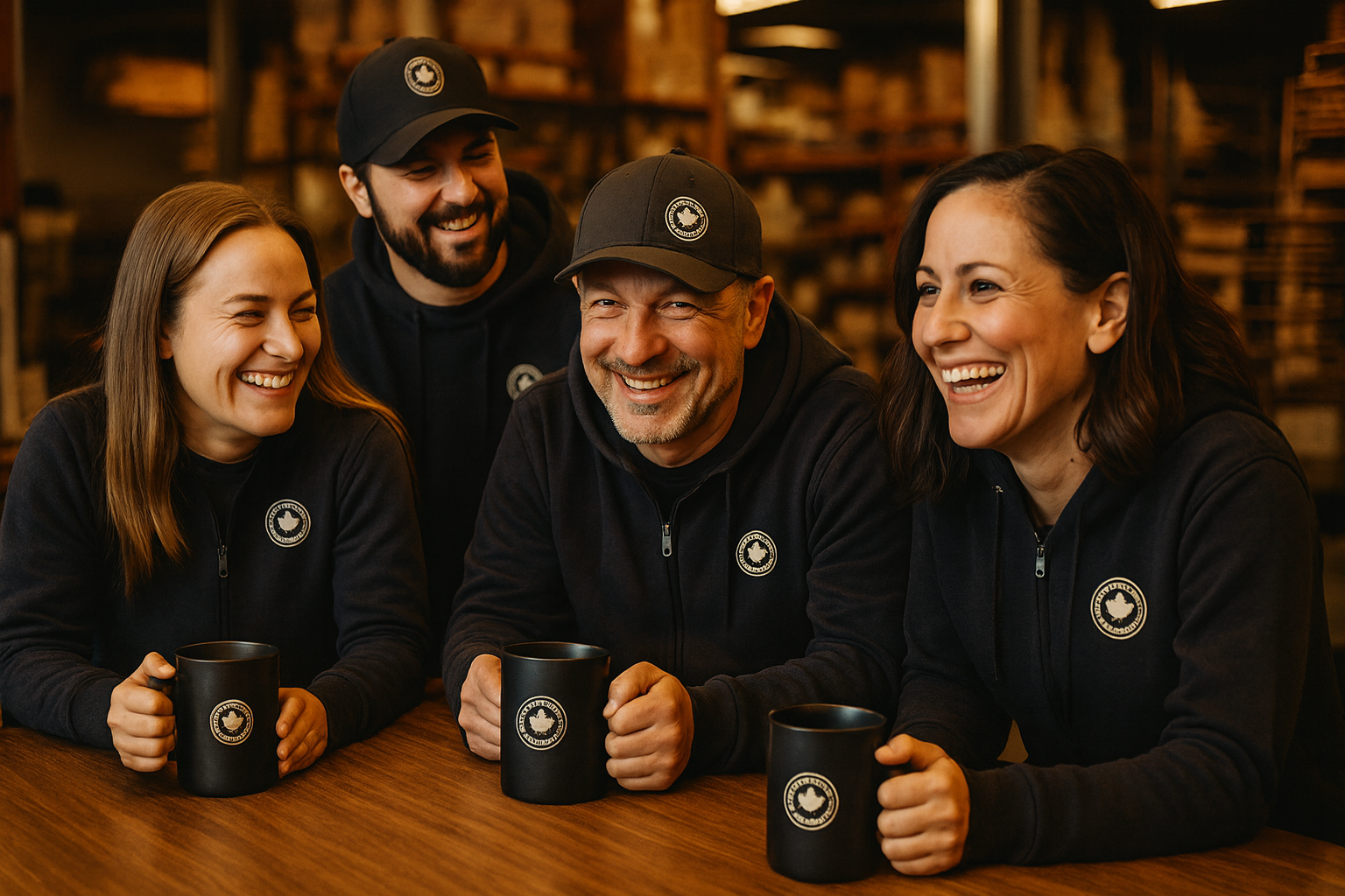 Four people wearing matching black hoodies and hats laugh while holding coffee mugs. Wood-paneled background.