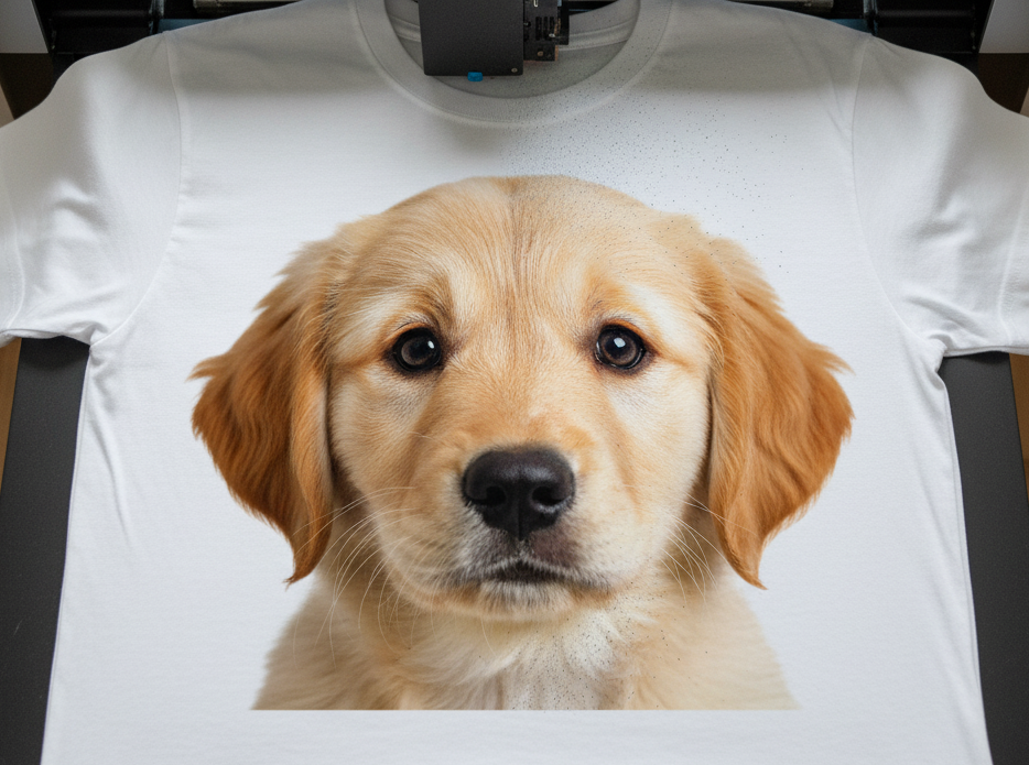 White t-shirt with a print of a golden retriever puppy's face.