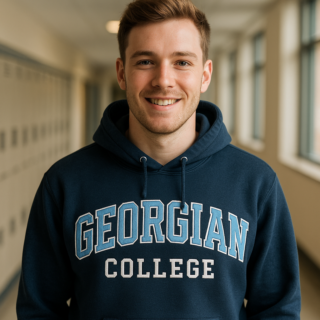 Spirit wear Man in a Georgian College hoodie smiles in a hallway.