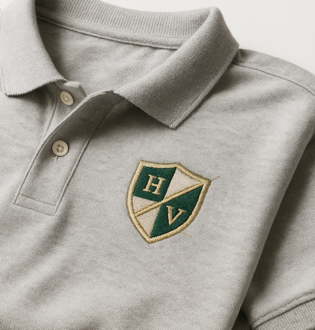 Gray polo shirt with embroidered shield logo featuring