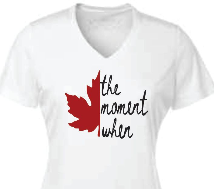 White V-neck t-shirt with a red maple leaf and the text