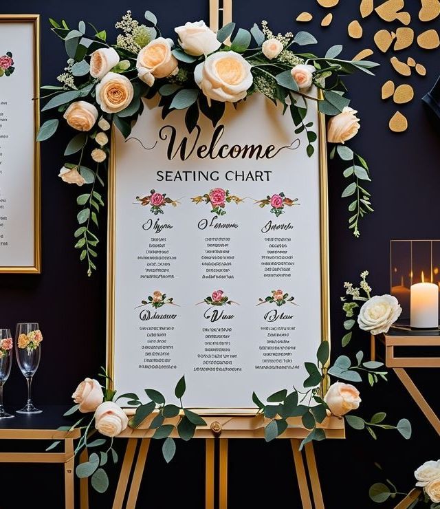 Wedding seating chart with floral arrangement: white background, gold frame, cream roses, greenery, black background.