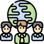 地球圖示前方有三位風格化人物,象徵團隊或全球社群。