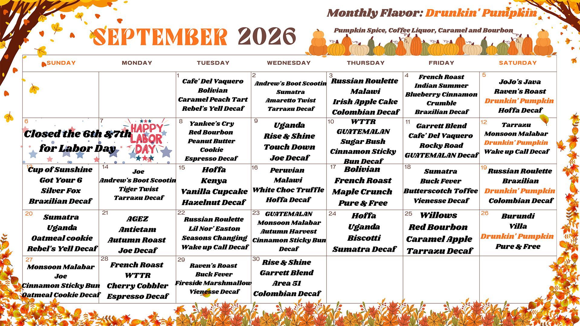September 2026 Coffee Monthly Calendar